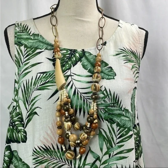 ICervoni Creations Boho Wood, Resin, and Chain Beaded Long Necklace, 36” Long
